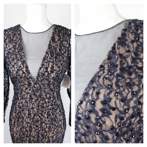 New Navy Long Lace Beaded Dress Long Sleeve - Picture 5 of 11
